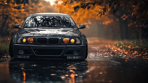 Low-slung black BMW sedan framed by wet autumn avenue