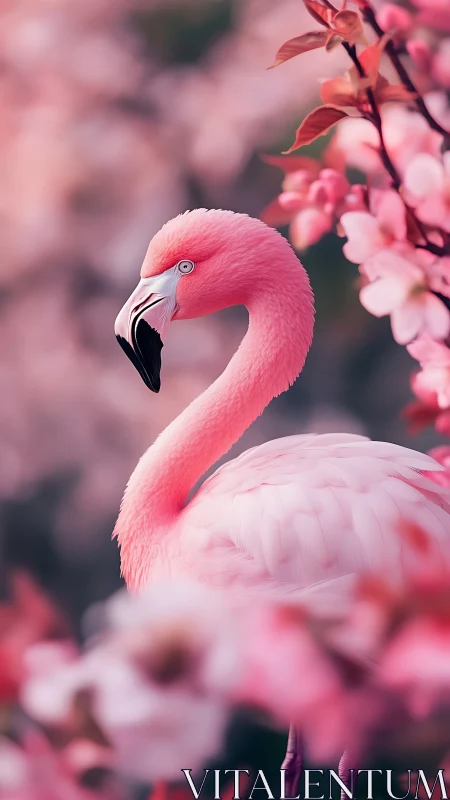 Pink flamingo stands amid soft-focus spring blossoms.
