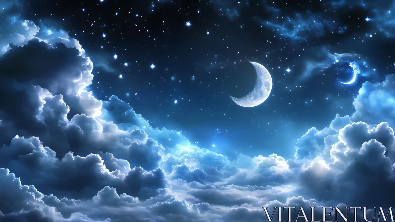 Luminous crescent moons suspended above radiant storm clouds.