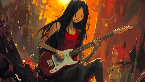 Sunlit street guitarist with red Strat-style electric guitar