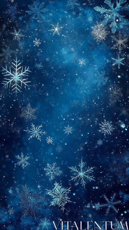 Glittering snowflakes over deep blue winter galaxy background.