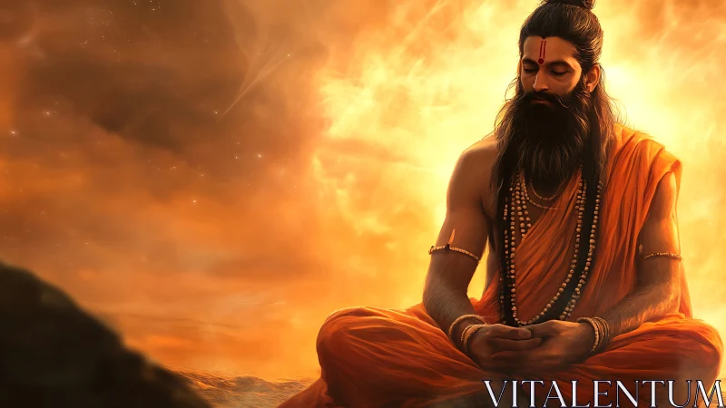 Sunlit sage in deep meditation amid swirling golden cosmos.