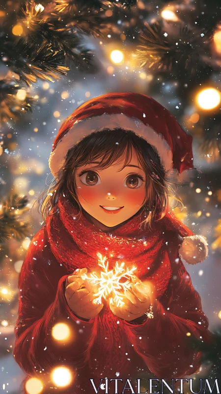 Smiling girl in Santa hat holding glowing snowflake light.