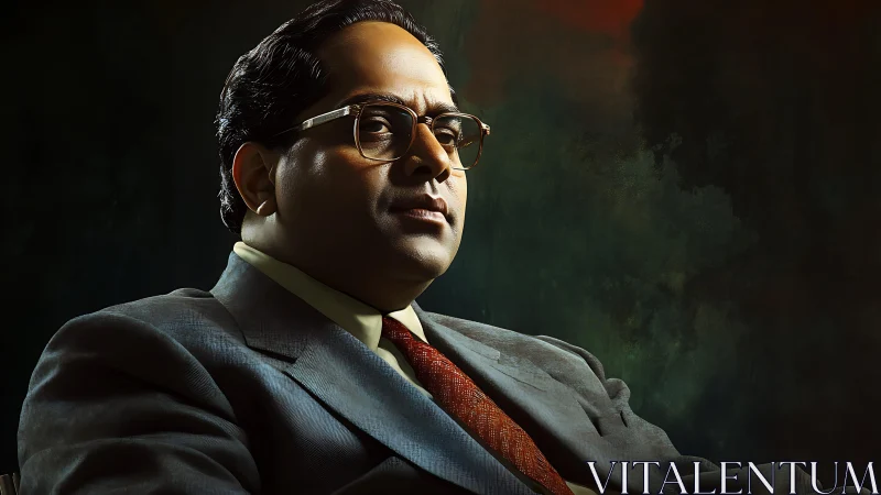 Portrait depicts suited man with glasses against dark backdrop.