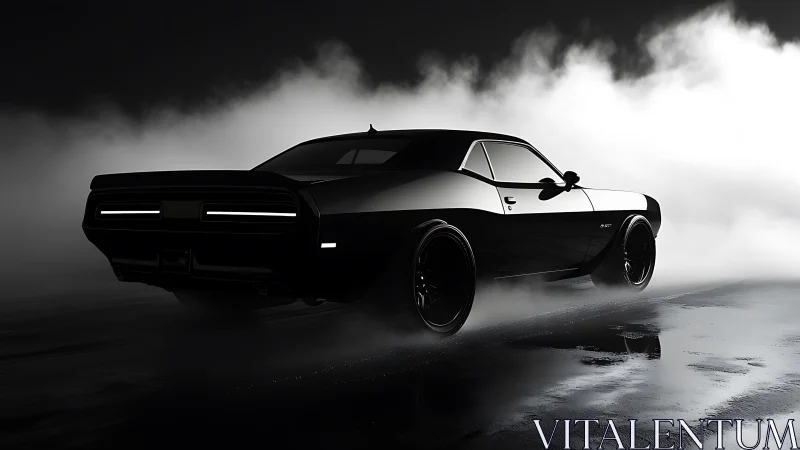 Sleek muscle car gliding through moody midnight mist.