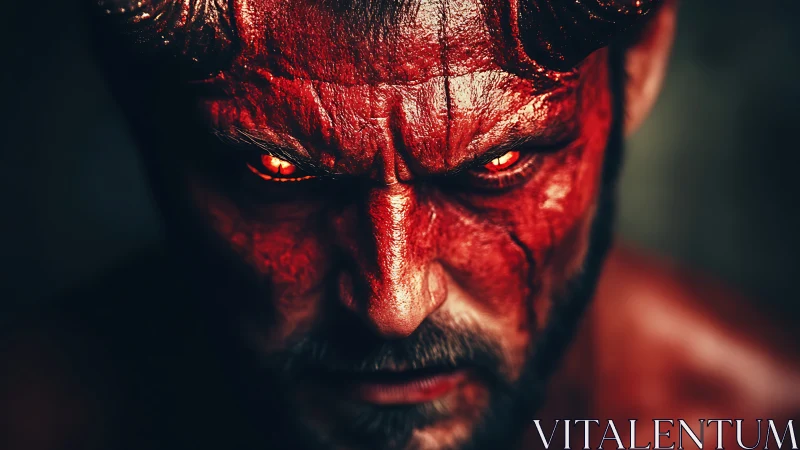 Demonic red face glares with burning eyes in darkness.