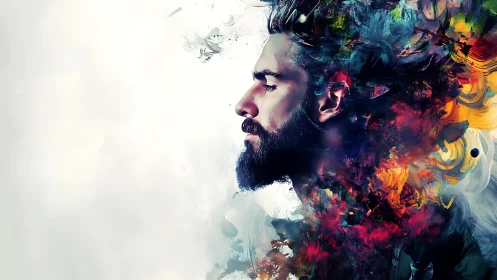 Profile portrait with abstract multicolored paint aura.