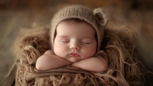 Sleeping Newborn in Knit Hat Nestled on Textured Fabric