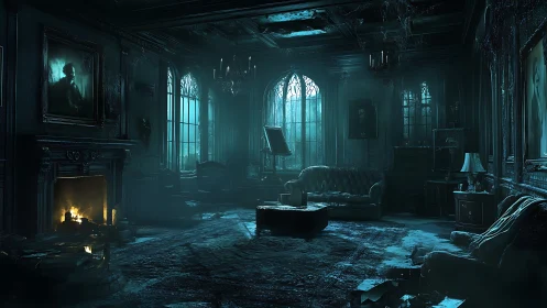 Gothic parlor rendered with volumetric light and decayed interior details