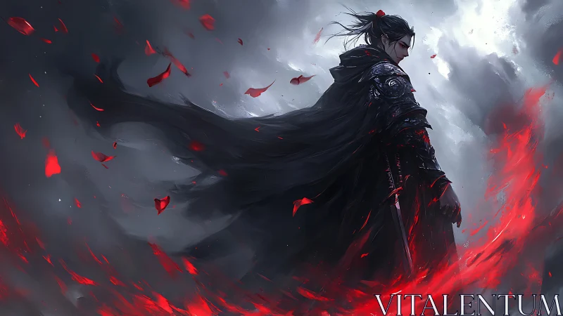 Dark warrior in swirling red embers under storm clouds.