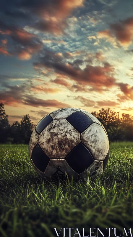 Weathered soccer ball resting on vivid grass at sunset.