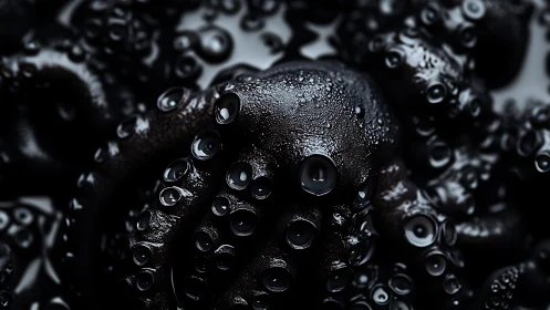Glossy black tentacles with macro dew-covered suckers.