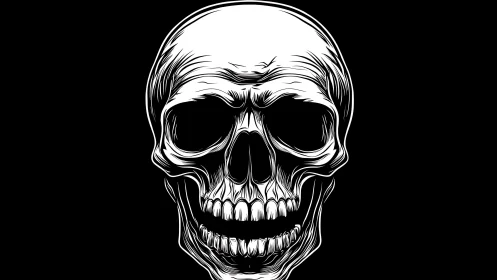 Bold monochrome skull illustration radiates dark intensity