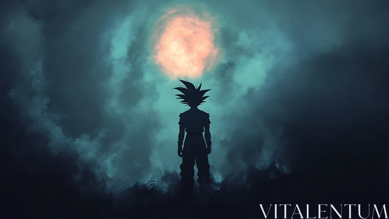Silhouetted spiky‑haired figure facing luminous circular sky portal.