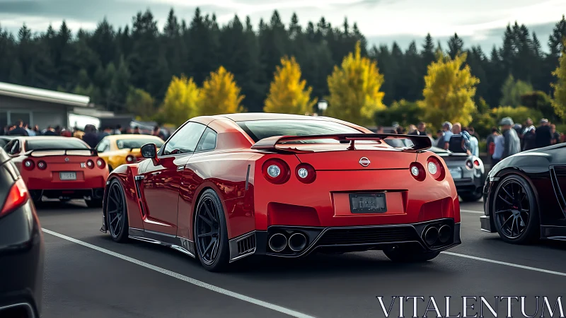 Red Nissan GT-R rear view at outdoor car meet, forest backdrop
