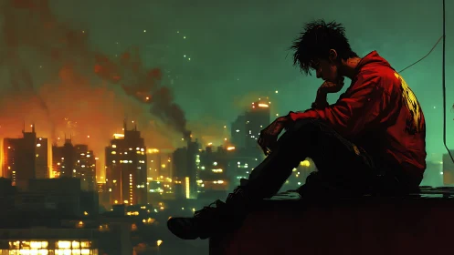 Quiet rooftop moment above a glowing, restless city night.