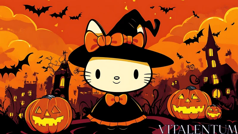 Halloween witch cat character amid glowing pumpkin landscape.