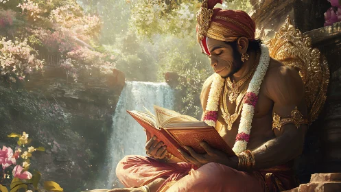 Sacred monkey sage reading by a sunlit jungle waterfall.