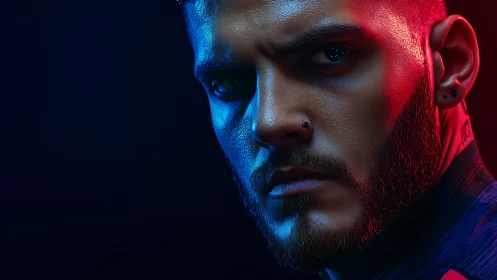Intense cyber-lit male portrait captures fierce, focused gaze