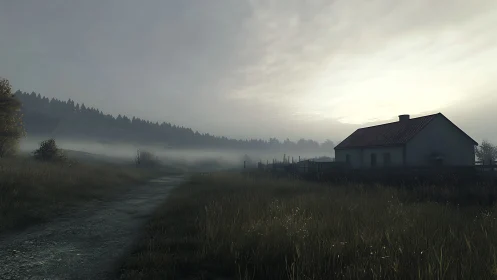 Rural gravel track, misty meadow and solitary farm house at dawn