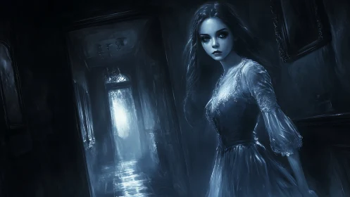 Young female figure stands in dim corridor with backlit doorway