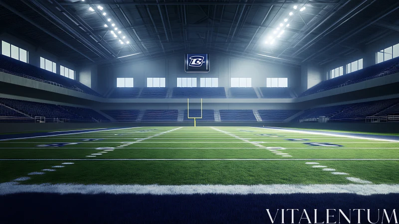 Quiet indoor football stadium waiting for the next kickoff.