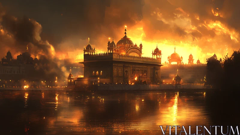 Golden riverside temple rendered in dramatic infernal sunset