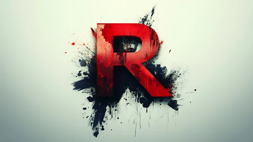 Red 3D letter R with dynamic ink splatter on pale background
