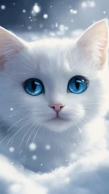 Ethereal White Cat with Striking Blue Eyes in Winter Ambiance.