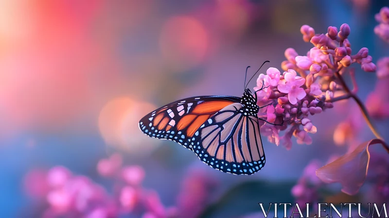 Monarch butterfly rests on lilac blooms in pastel bokeh