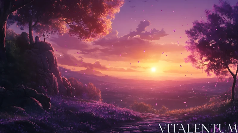 Sunset over distant valley with foreground rocky hillside.