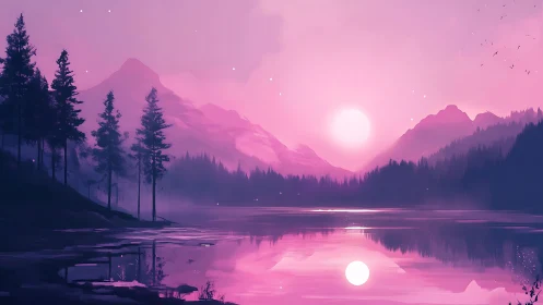 Pink twilight sun over misty mountain lake reflection