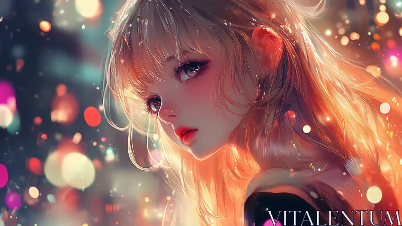 Backlit bokeh-immersed anime portrait with spectral highlights.