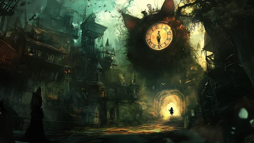 Midnight cat clock city where wonder and shadows wander.