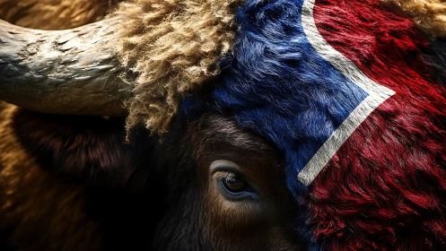 Buffalo close-up with bold red and blue painted fur pattern.