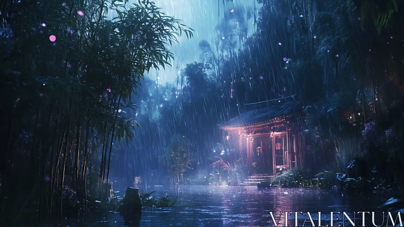 Rain-soaked bamboo shrine with neon-lit reflective water. Period.