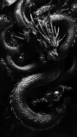 Obsidian dragon coils through darkness in high contrast.