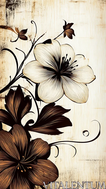 Vintage floral illustration with bold sepia blossoms.