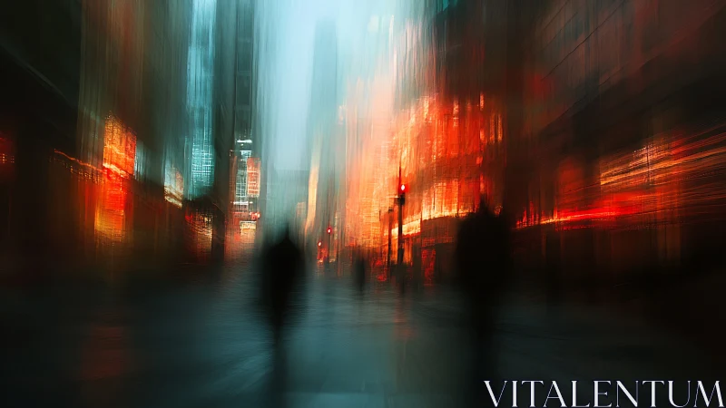 Urban street scene with blurred pedestrians and neon light.