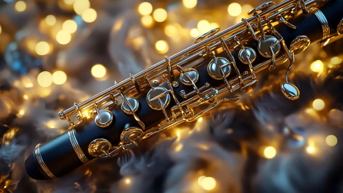 Golden clarinet resting in dreamy bokeh lights at dusk.