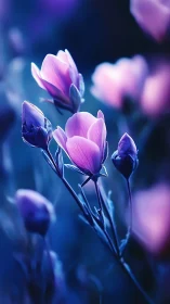 Pink Magnolia Blooms Against Deep Blue Nocturnal Gradient.