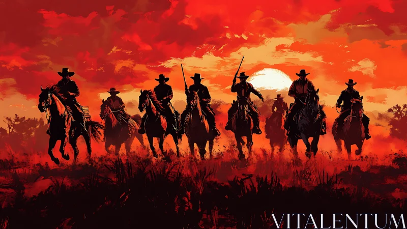 Silhouetted cowboy riders cross a dust-filled plain at red sunset