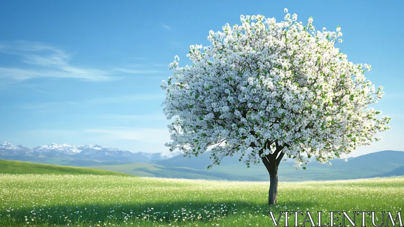 Photoreal spring blossom tree in expansive alpine meadow.