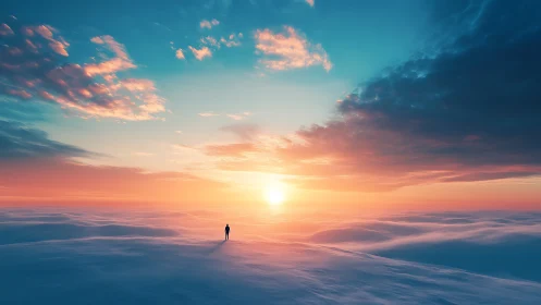 Solitary figure under vast pastel sunrise sky on snowfield.