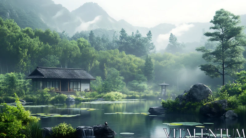 Serene lakeside Japanese retreat rendered in soft digital realism