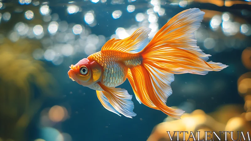 Golden koi drifts through shimmering blue aquarium light
