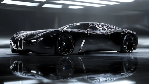Black concept supercar showcases fluid lines and chrome accents.