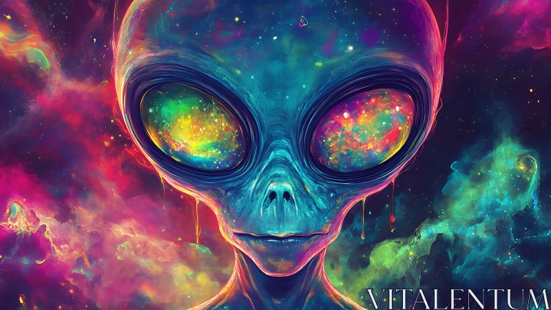 Starlit alien gaze welcomes viewers into a neon cosmic dream