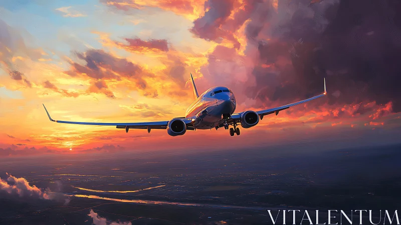 Sunset flight gliding gently through glowing evening clouds.