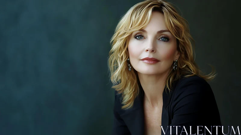 Portrait shows woman in three-quarter pose against dark backdrop